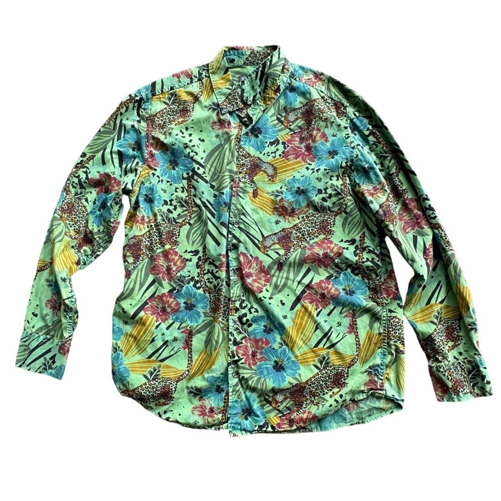 INC International Concepts Green Leopard Tropical Floral Button Down Shirt XL